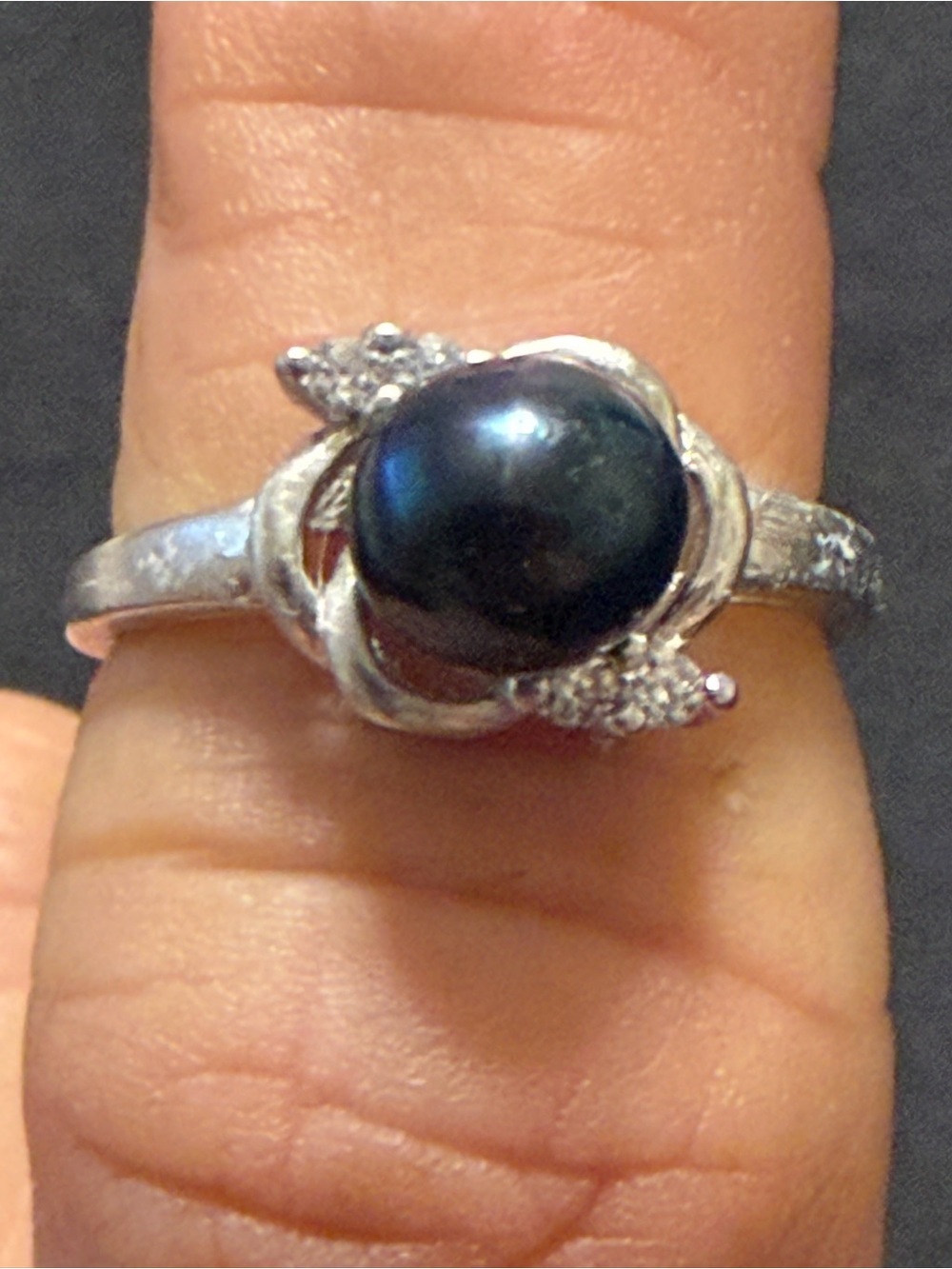 Sterling Silver Ring with Deep Green freshwater Pearl Center and Accented Stones